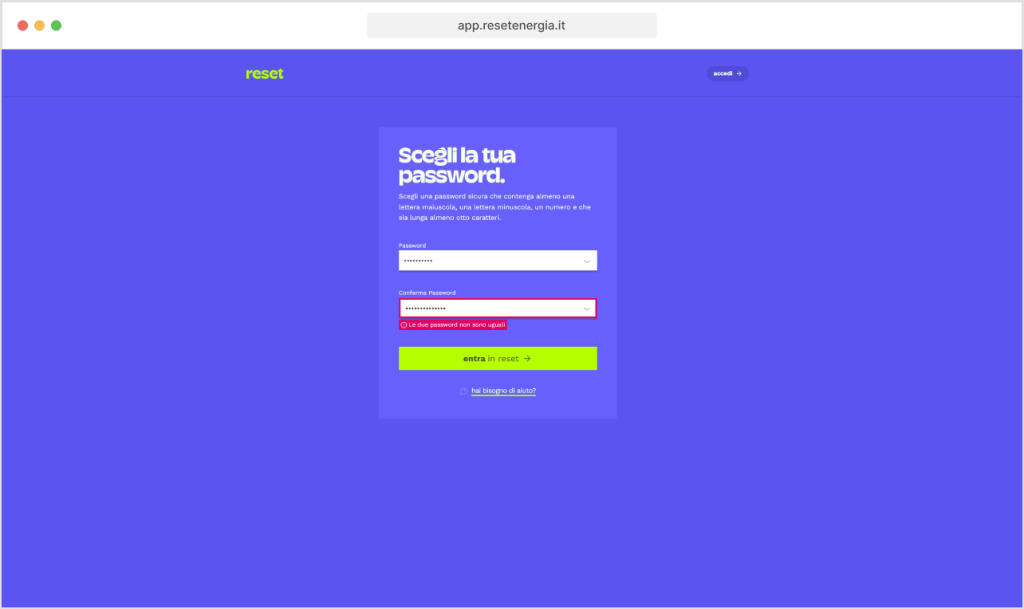 screenshot di inserimento password uguali durante recupero