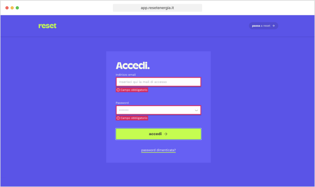 screenshot di schermata di accesso campi obbligatori