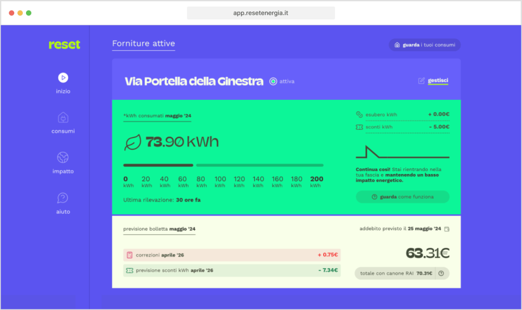 screenshot con schermata di accesso effettuato e dettaglio su area clienti reset