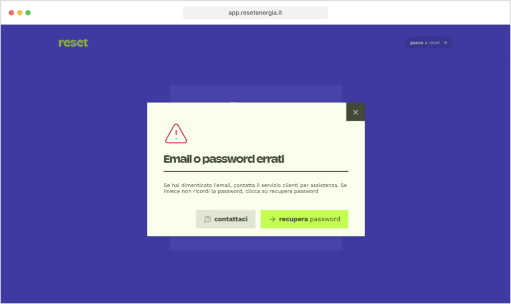 screenshot di dialog password errata